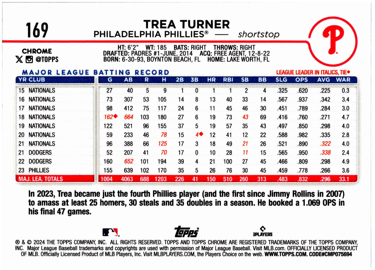 2024 Topps Chrome #169 Trea Turner Purple Speckle Refractors #/299