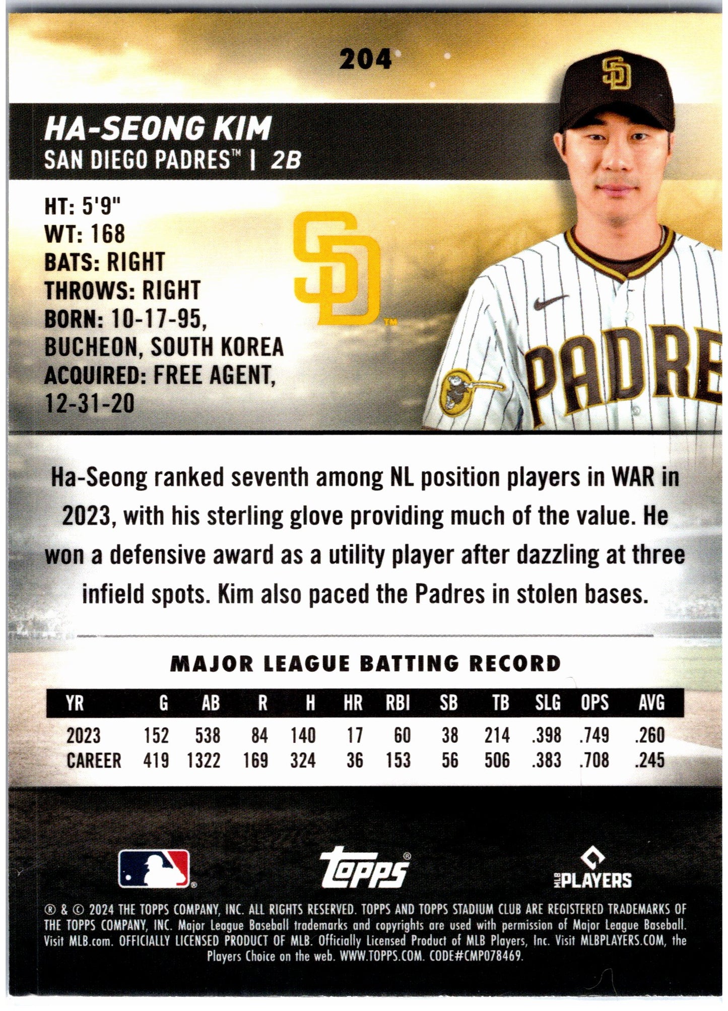 2024 Stadium Club #204 Ha-Seong Kim Pink Foil