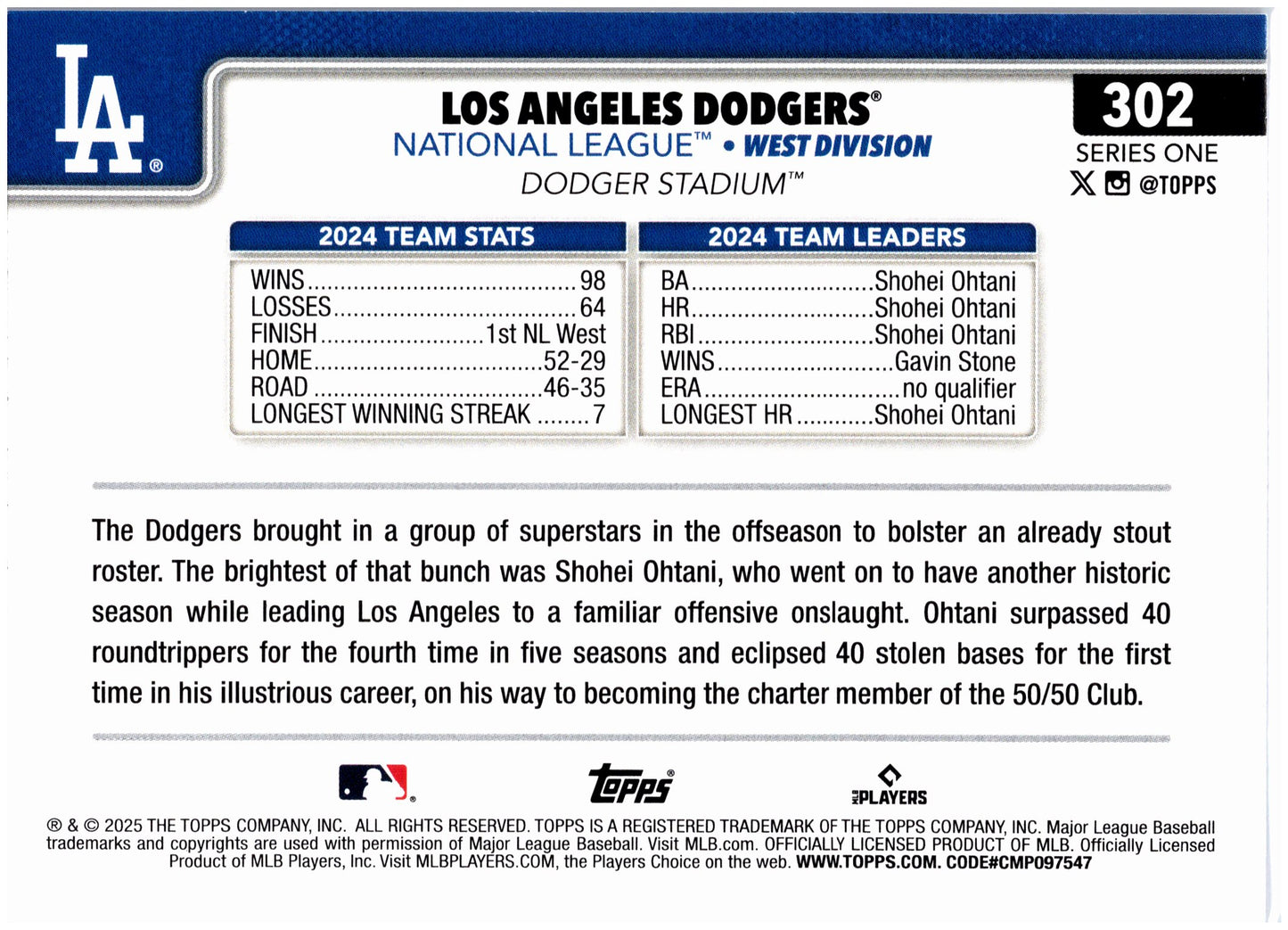 2025 Topps #302 Los Angeles Dodgers Pink Holo Foil