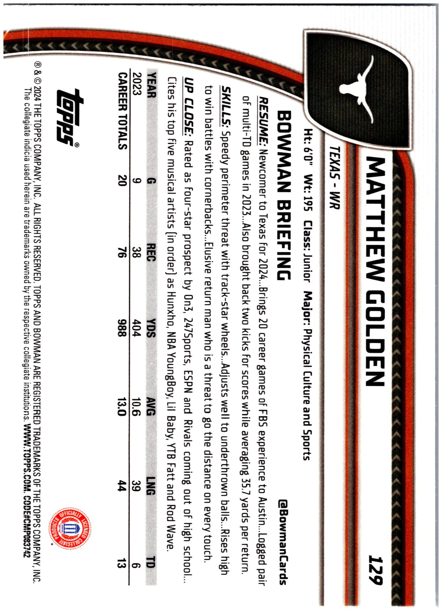 2024 Bowman University Chrome #129 Matthew Golden