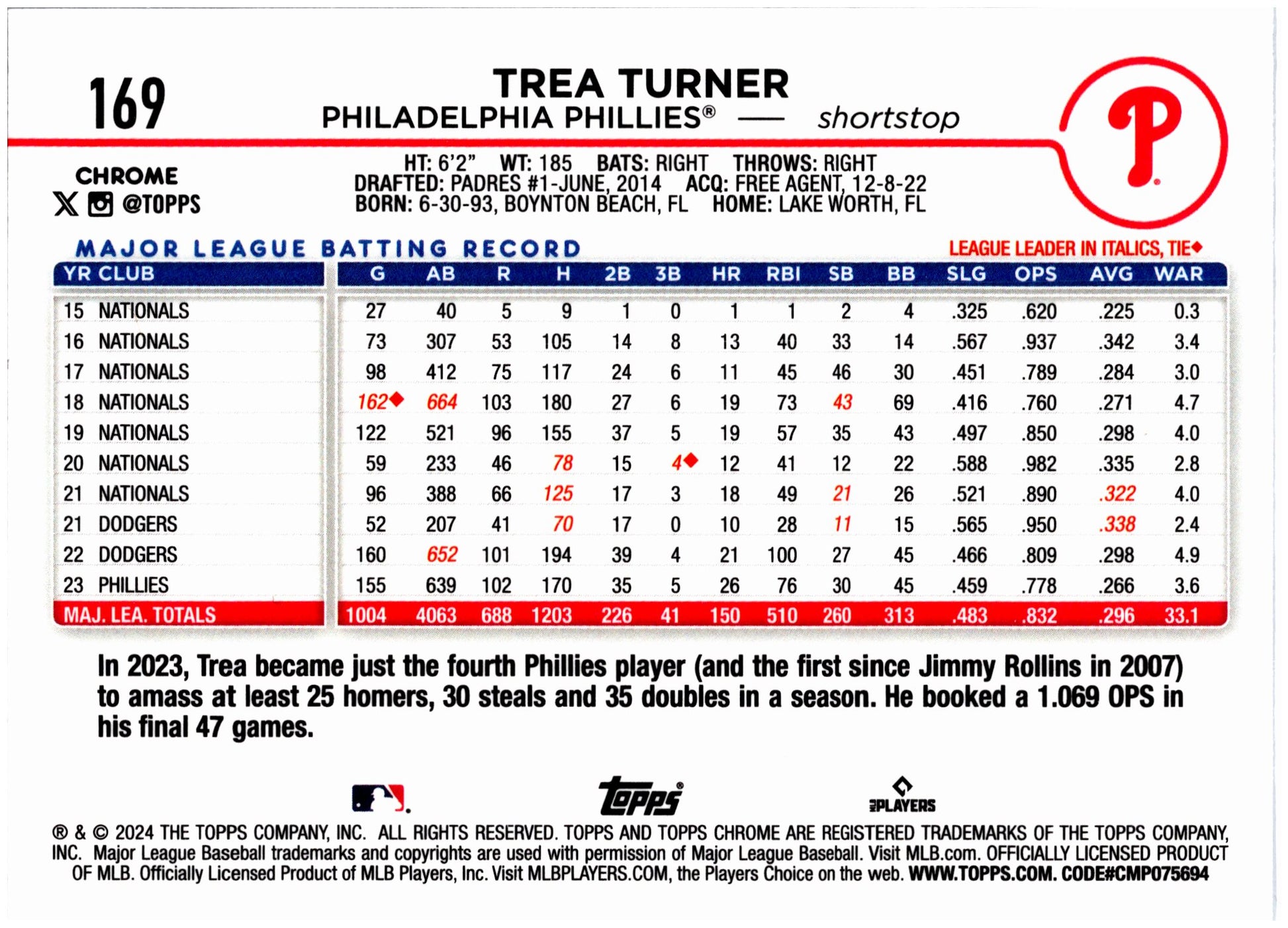 2024 Topps Chrome #169 Trea Turner Purple Speckle Refractors #/299