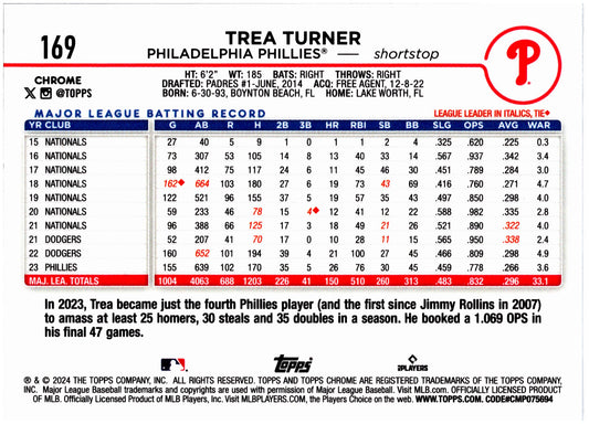 2024 Topps Chrome #169 Trea Turner Purple Speckle Refractors #/299