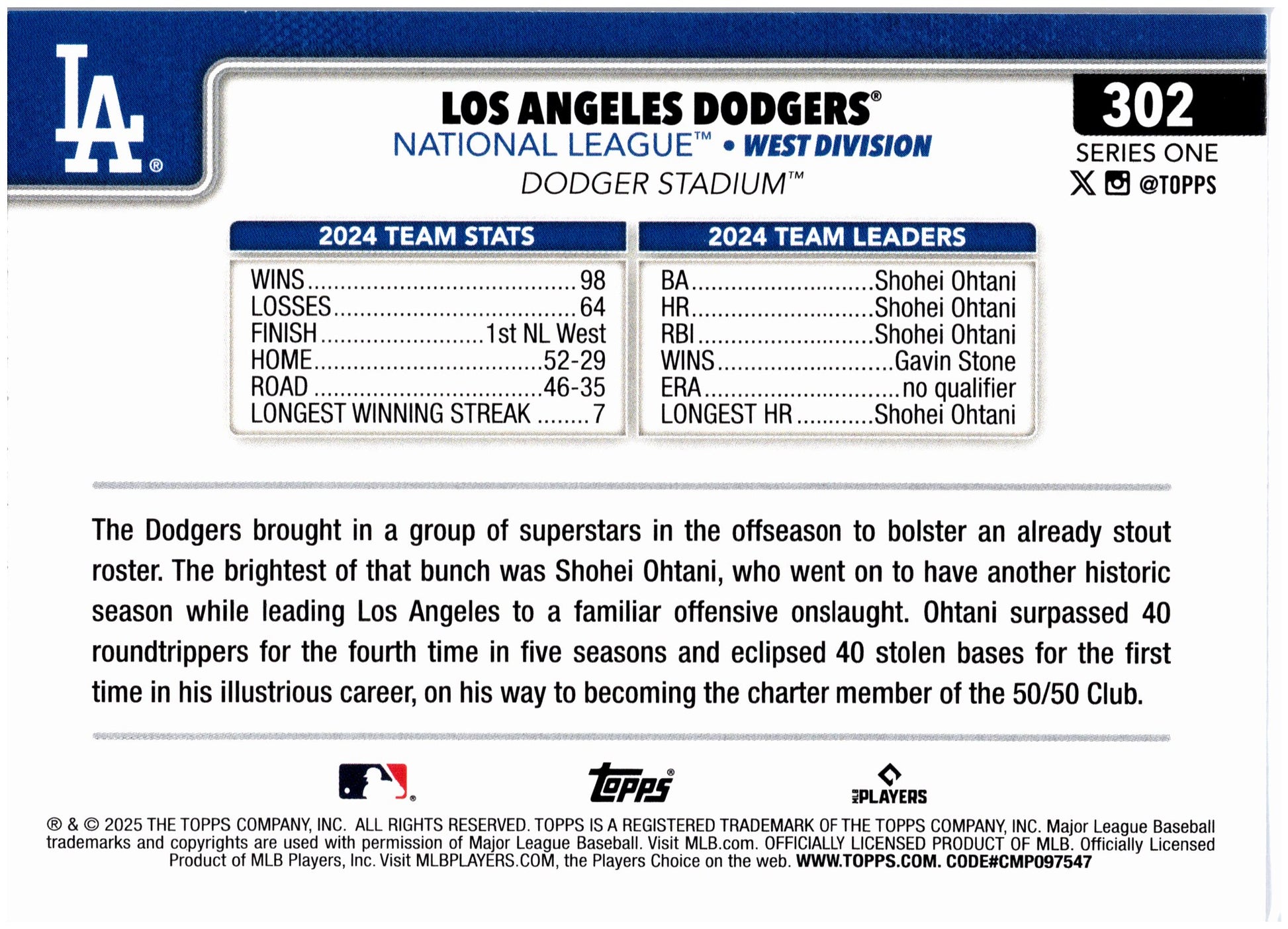 2025 Topps #302 Los Angeles Dodgers Pink Holo Foil