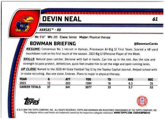 2024 Bowman University Chrome #61 Devin Neal Stealth Refractor