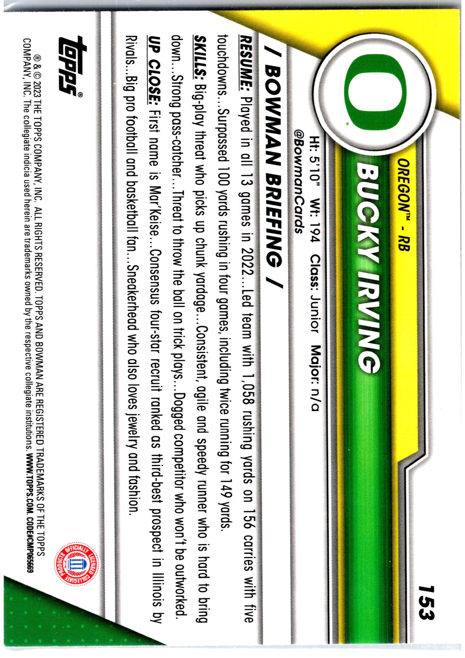 2023 Bowman University Chrome #153 Bucky Irving