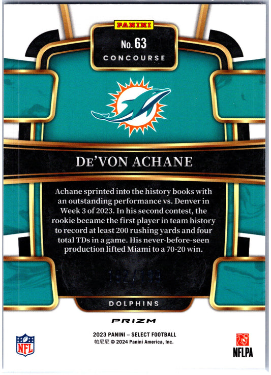 2023 Panini Select #63 De'Von Achane Blue Prizms #/199