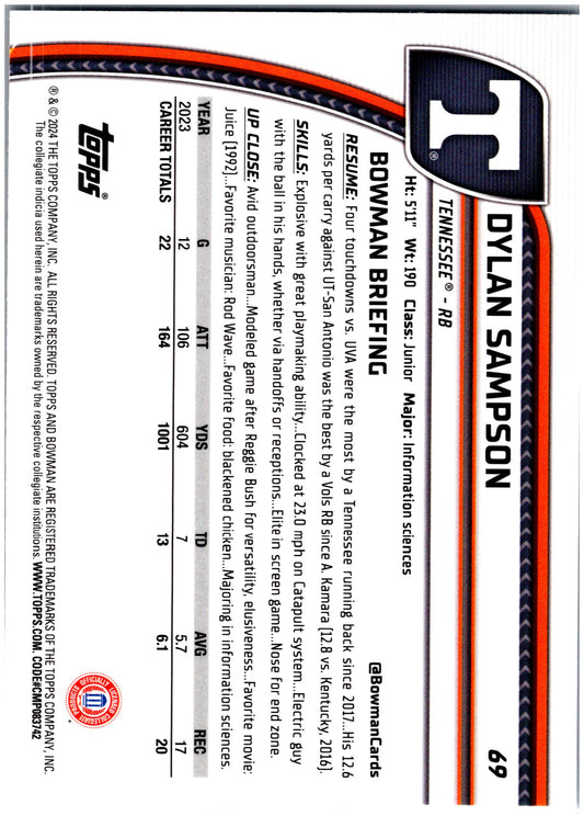 2024 Bowman University Chrome #69 Dylan Sampson