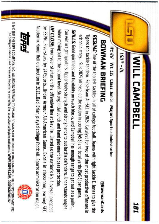 2024 Bowman University Chrome #181 Will Campbell