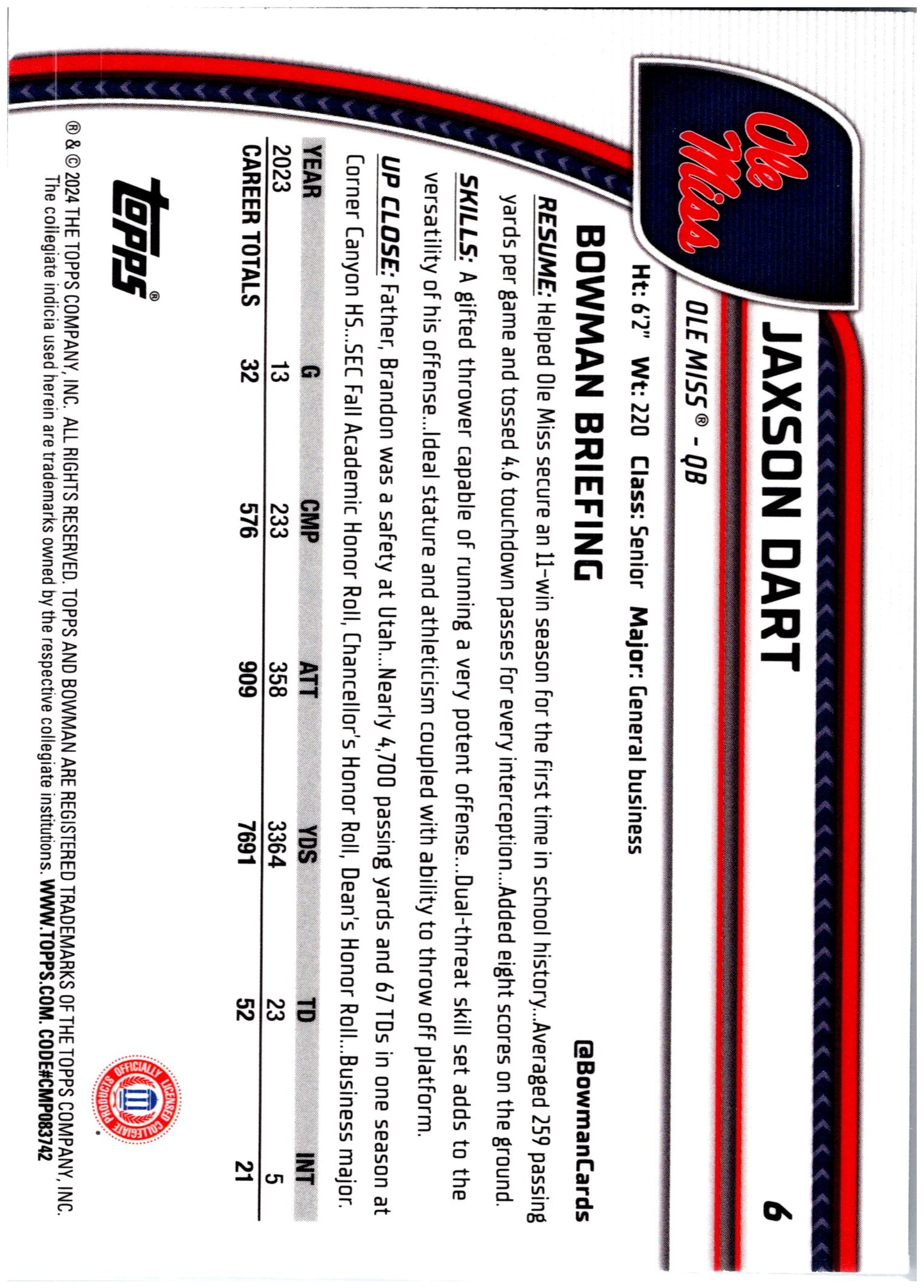 2024 Bowman University Chrome #6 Jaxson Dart
